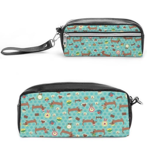 Cmagnifico Federmäppchen aus Leder, Motiv: Wursthund, Schreibwaren-Tasche als Federmäppchen für Büro und Schule, Geschäftsreise oder kleine Werkzeugbox, Make-up-Tasche von Cmagnifico