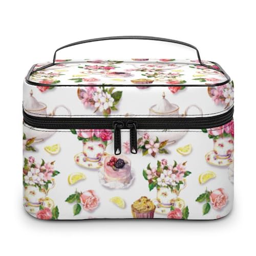 Cmagnifico Kosmetiktasche, Kuchen- und Teekannen-Blumen-Make-up-Tasche, Leder, Reise-Kulturbeutel für Damen, Stil:, 25x18x15cm von Cmagnifico