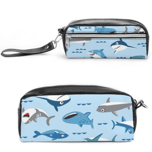 Cmagnifico Leder-Federmäppchen, Hai-Blau, niedliches Cartoon-Schreibwarenetui als Federmäppchen für Büro und Schule, Geschäftsreisetasche oder kleine Werkzeugbox, Make-up-Tasche von Cmagnifico