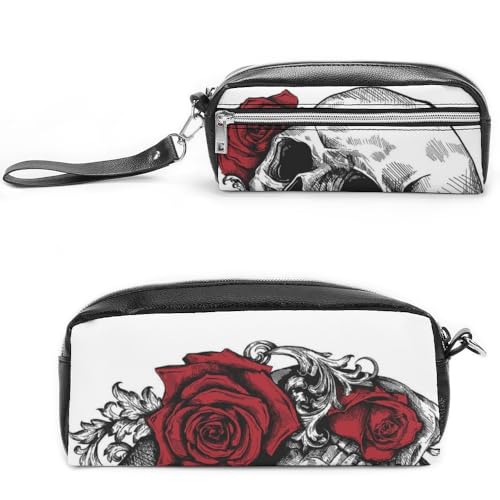 Cmagnifico Leder-Federmäppchen, Totenkopf mit Rosen, Schreibwaren-Tasche als Federmäppchen für Büro und Schule, Business-Reisetasche oder kleine Werkzeugbox, Make-up-Tasche von Cmagnifico