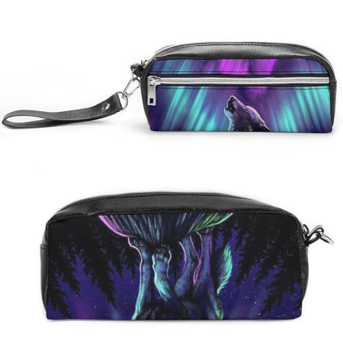 Cmagnifico Leder-Federmäppchen, Wölfe heulen im Nordlichter. Schreibwaren-Tasche als Federmäppchen für Büro und Schule, Geschäftsreisetasche oder kleine Werkzeugbox, Make-up-Tasche von Cmagnifico