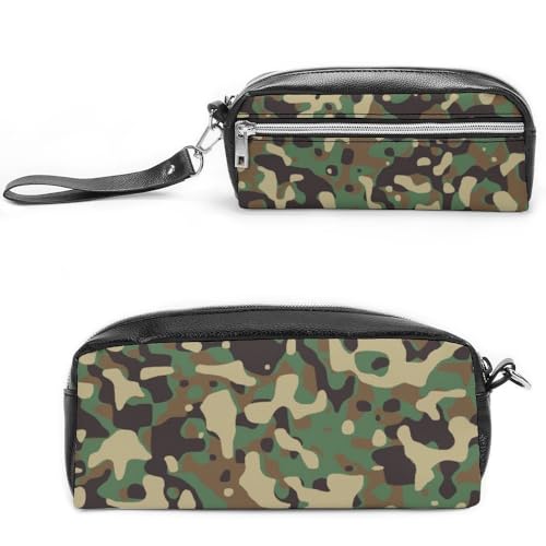 Cmagnifico Leder-Federmäppchen, grünes Camouflage-Muster, Schreibwaren-Tasche als Federmäppchen für Büro und Schule, Geschäftsreisetasche oder kleine Werkzeugbox, Make-up-Tasche von Cmagnifico