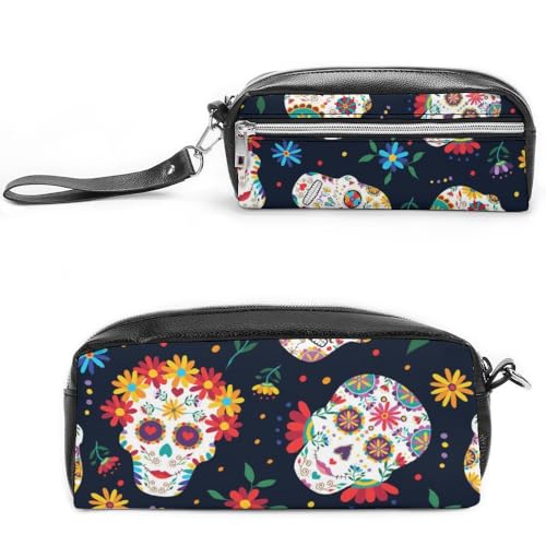 Cmagnifico Leder-Federmäppchen, mexikanischer Totenkopf-Schreibwarenbeutel als Federmäppchen für Büro und Schule, Geschäftsreisetasche oder kleine Werkzeugbox, Make-up-Tasche von Cmagnifico