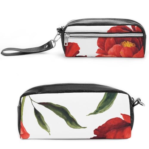 Cmagnifico Leder-Federmäppchen, rote Mohnblumen, Schreibwaren-Tasche als Federmäppchen für Büro und Schule, Business-Reisetasche oder kleine Werkzeugbox, Make-up-Tasche von Cmagnifico
