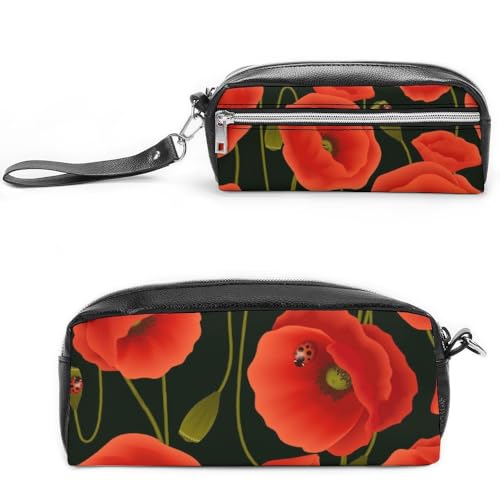 Cmagnifico Leder-Federmäppchen, rote Mohnblumen, Schreibwaren-Tasche als Federmäppchen für Büro und Schule, Business-Reisetasche oder kleine Werkzeugbox, Make-up-Tasche von Cmagnifico