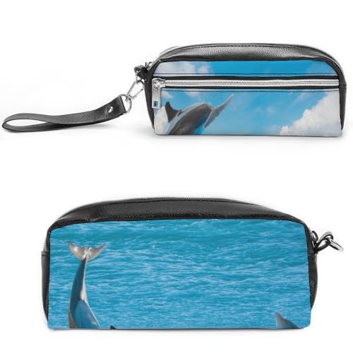 Cmagnifico Leder-Federmäppchen, zwei Delfin-Schreibwaren-Tasche als Federmäppchen für Büro und Schule, Geschäftsreisetasche oder kleine Werkzeugbox, Make-up-Tasche von Cmagnifico