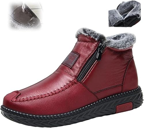 Cmeilau Wasserdichte, rutschfeste Baumwoll-Lederstiefel für Damen, Winter-Fleece-verdickte Schneestiefel, leichte Slip-On-Schneestiefel, Stiefeletten mit Reißverschluss von Cmeilau