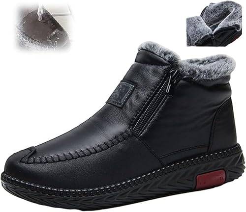 Cmeilau Wasserdichte, rutschfeste Baumwoll-Lederstiefel für Damen, Winter-Fleece-verdickte Schneestiefel, leichte Slip-On-Schneestiefel, Stiefeletten mit Reißverschluss von Cmeilau