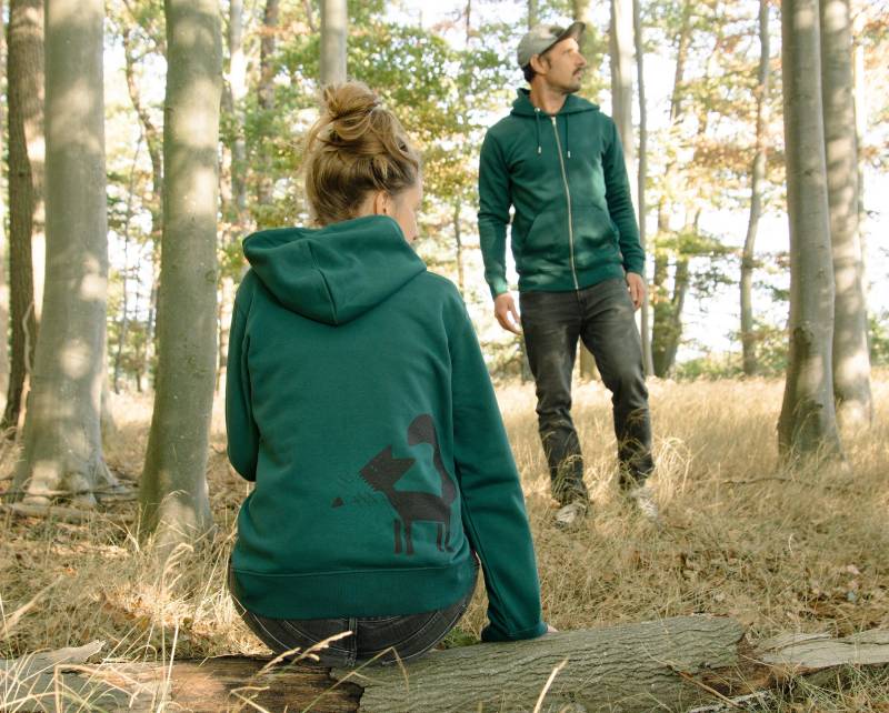 Bio Damen Zip Hoodie Fuchs in Glazed Green/Grüner Zipper Hoodie Frauen Pullover Reissverschluss Mit Hund von Cmig