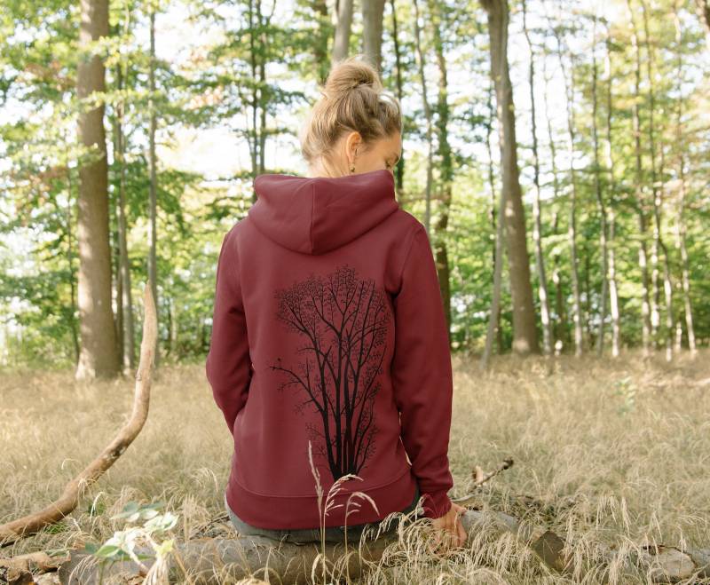 Bio Sweatjacke Unisex Erle Mit Elster in Burgundy/Rote Baum Jacke Herren Hoodie Männer von Cmig
