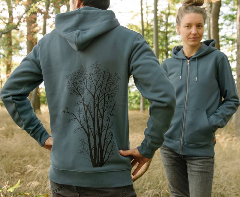 Bio Sweatjacke Unisex Erle Mit Elster in Stargazer/Grüne Baum Jacke Herren Blauer Hoodie Männer von Cmig