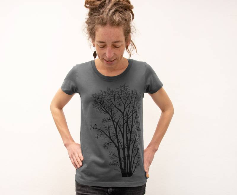 Handbedrucktes Bio T-Shirt Damen Erle Mit Elster/Yoga T Shirts Tshirts Tshirt Frauen von Cmig