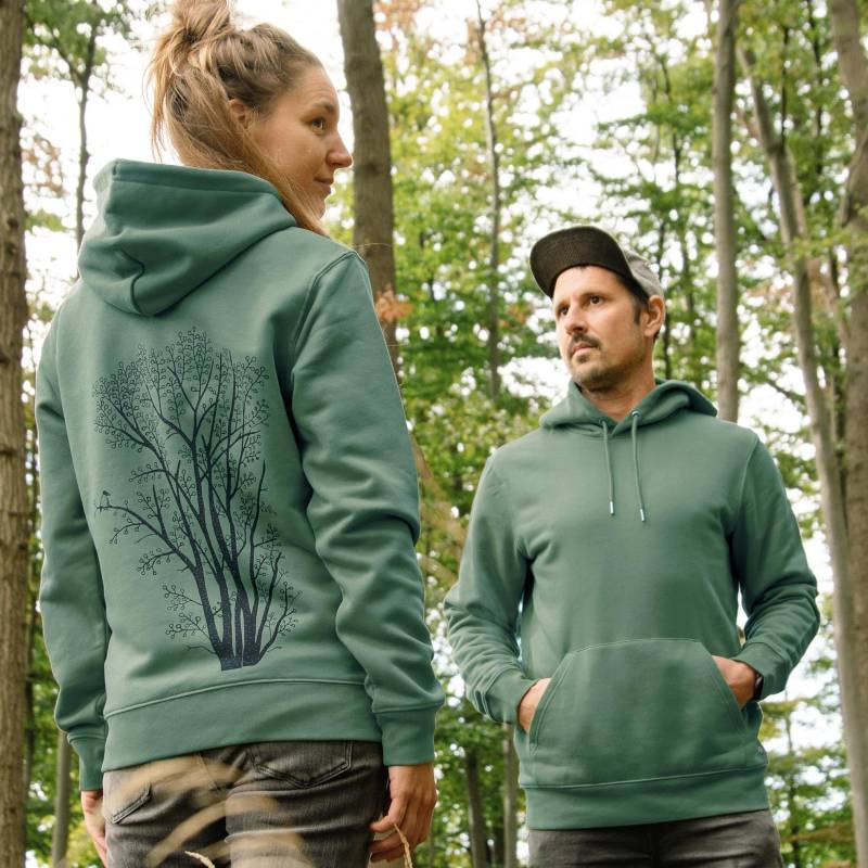 Bio Hoodie Damen "Erle Mit Elster" in Green Bay/Hoodies Hippie Yoga Baum Aus Biobaumwolle Pullover Backprint von Cmig