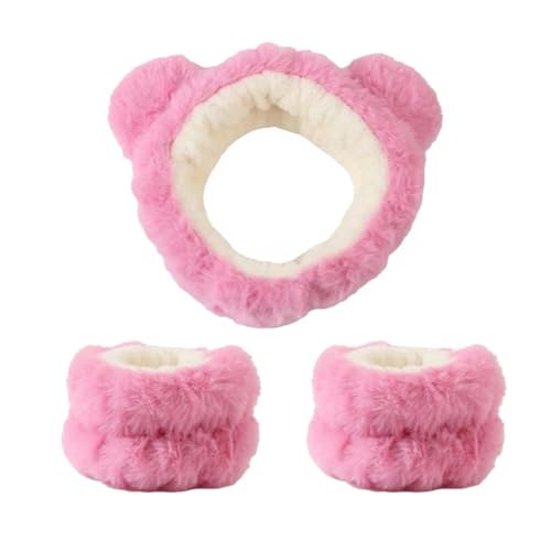 Cmis Kbei 2 Sets Cartoon-Bär-Ohr-Plüsch-Armband, Haarband-Set für Damen, Gesicht waschen und Make-up, Stirnbänder (Rosa) von Cmis Kbei