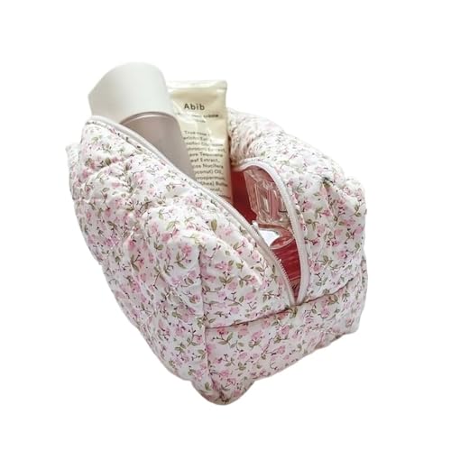 Modische gesteppte Make-up-Aufbewahrungstasche, tragbar, Reise-Organizer, Kosmetiktasche, Kulturbeutel, niedliche Make-up-Handtasche, Blumenmotiv, 366 Rosa, Einheitsgröße von Cmis Kbei