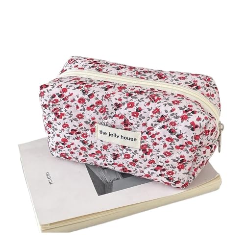 Modische gesteppte Make-up-Aufbewahrungstasche, tragbar, Reise-Organizer, Kosmetiktasche, Kulturbeutel, niedliche Make-up-Handtasche, Blumenmotiv, rot, Einheitsgröße von Cmis Kbei