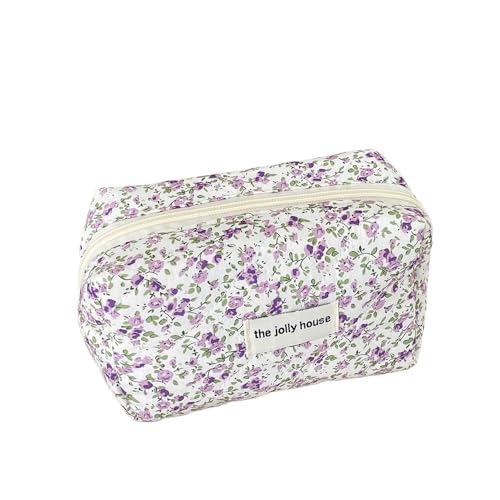 Modische gesteppte Make-up-Aufbewahrungstasche, tragbar, Reise-Organizer, Kosmetiktasche, Kulturbeutel, niedliche Make-up-Handtasche, Blumenmotiv, violett, Einheitsgröße von Cmis Kbei
