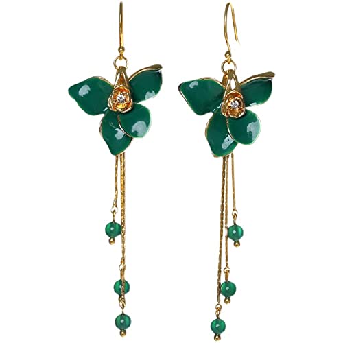 Retro Cloisonne Hibiskus Blume Baumelnde Ohrringe – Eleganter Ethnischer Grüner Achat Ohrhaken Ohrtropfen Edelstein Ohrclip Ohrringe, Schicker Anhänger Schmuck Accessoires Frauen Mädchen Geschenk von Cnaydingcj