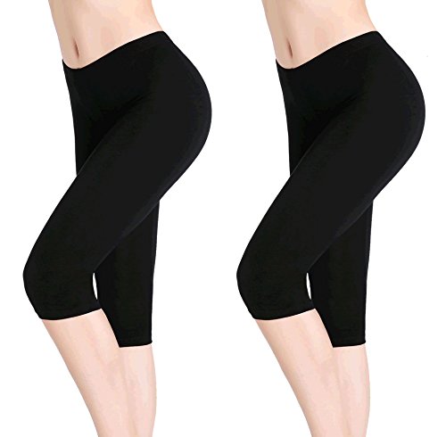 Damen Hose Unter Rock Kurz Leggings 3/4 Sport Capri Leggins - Elastisch Leicht 3XL 2-pack:plain Schwarz von CnlanRow