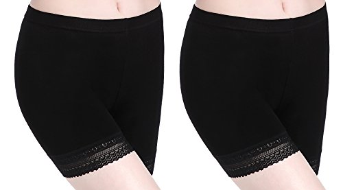 Damen Hose Unter Rock Kurz Leggings mit Spitzenrand - Weich Elastisch Leicht, Pack Of 2:2x Schwarz Groß Spitzenbesatz, M von CnlanRow