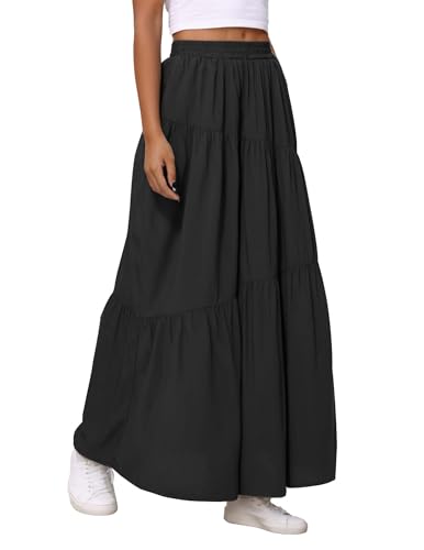 Cnlinkco Damen Faltenrock A-Linie Sommer Elastisch Hohe Taille Gestuft Casual Lange Röcke mit Taschen, Schwarz, Klein von Cnlinkco