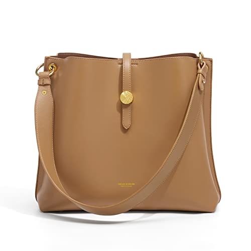 Cnoles Damen-Schultertasche aus edlem Rindleder - Großvolumiger Shopper mit Crossbody-Umhängung im trendy Eimertaschen-Design (hellbraun) von Cnoles
