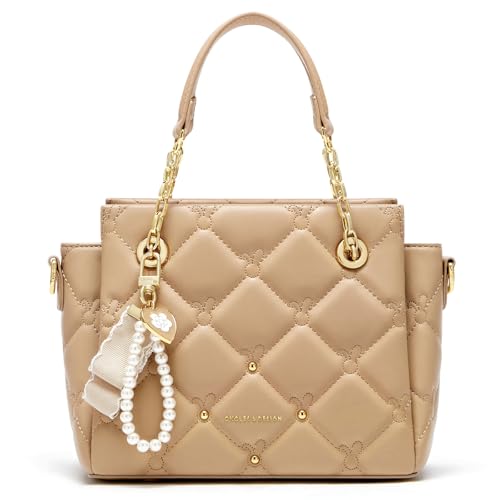 Cnoles Elegant Gesteppte Damenhandtasche, Kunstleder mit Goldkette, Perlenanhänger & Schulterriemen Designer-Handtaschen (apricotfarben) von Cnoles