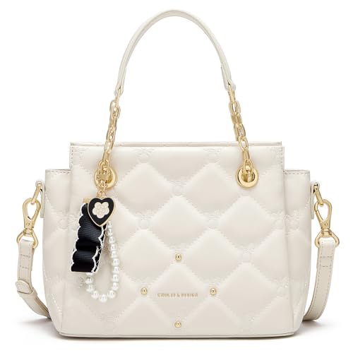 Cnoles Elegant Gesteppte Damenhandtasche, Kunstleder mit Goldkette, Perlenanhänger & Schulterriemen Designer-Handtaschen (weiß) von Cnoles