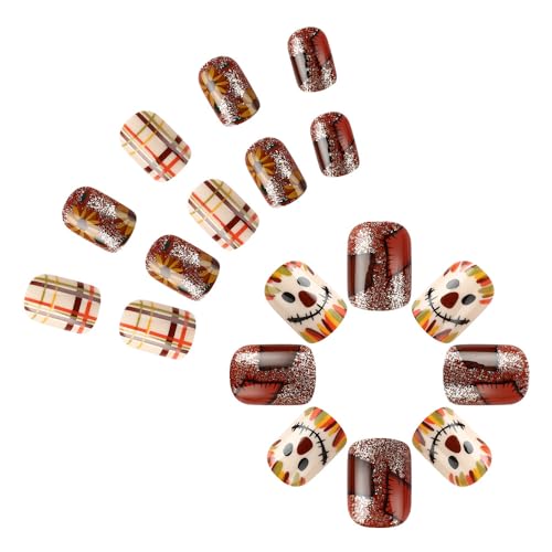 Künstliche Nägel zum Aufdrücken, kurz, quadratisch, Clown- und Blumenmuster, französische Spitzen, Kunstnägel für Frauen Künstliche Nägel zum Aufdrücken, kurz, quadratisch, Clown- und Blumenmuster, französische Spitzen, Kunstnägel für Frauen von Cnrfeoap