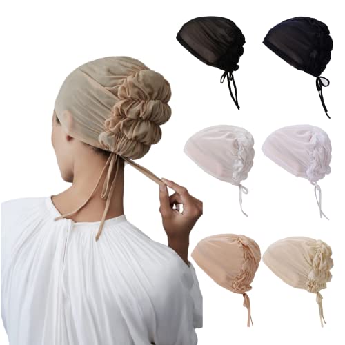 6 Stück atmungsaktive Mesh elastische Innenkappe für muslimische Unterkappe Hijab mit Bindebändern hinten islamische Unterschal Jersey Motorhaube Headwrap, Reinweiß + Schwarz + Weiß + Marineblau + von Cntqiang