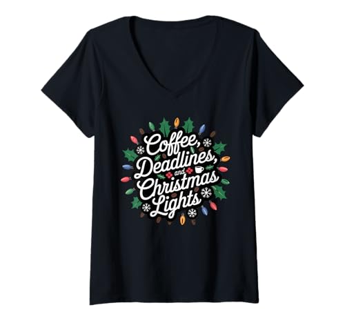 Damen Kaffee-Deadlines und Weihnachtsbeleuchtung Lustiges Mitarbeiterbüro T-Shirt mit V-Ausschnitt Damen Kaffee-Deadlines und Weihnachtsbeleuchtung Lustiges Mitarbeiterbüro T-Shirt mit V-Ausschnitt von Co-Worker Employee Christmas Work Party Quote