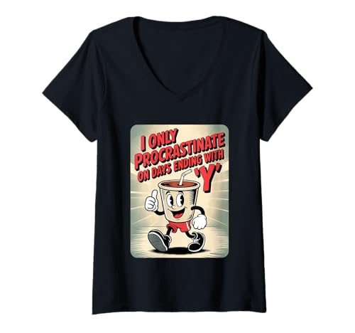 Damen I Procrastinate on Days ending with Y ADHS Sarcastic T-Shirt mit V-Ausschnitt von Co-Worker Office Funny Vintage Coffee Espresso