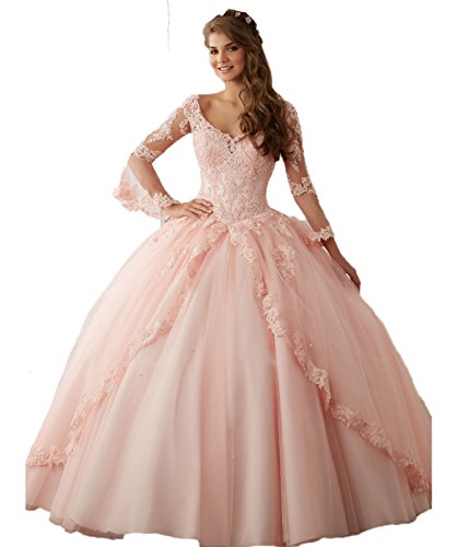 "CoCogirls "Damen Prinzessin Tuell Ballkleider Spitze Lange Ärmel Festkleid Abendkleid Quinceanera Kleider Party Kleid Formell Ballkleid (34 rosa ) von CoCogirls