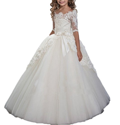 CoCogirls Neueste Halbe Hülse Prinzessin Spitze Blumenmädchen-Kleider Kinder Kids Baby Hochzeit Ballkleid Erstkommunion Kleider (ca.Alter10, Elfenbein) von CoCogirls