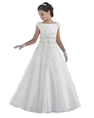 CoCogirls Weiß Mädchen Kinder Kleid Festkleid Partykleider Hochzeit Festzug Brautjungfer Lange Blumenmädchenkleider (ca.Alter10, Elfenbein) von CoCogirls