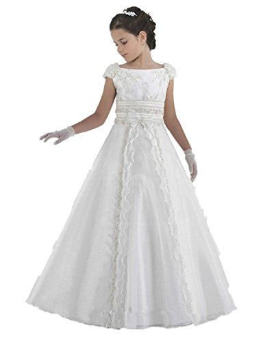 CoCogirls Weiß Mädchen Kinder Kleid Festkleid Partykleider Hochzeit Festzug Brautjungfer Lange Blumenmädchenkleider (ca.Alter8, Elfenbein) von CoCogirls