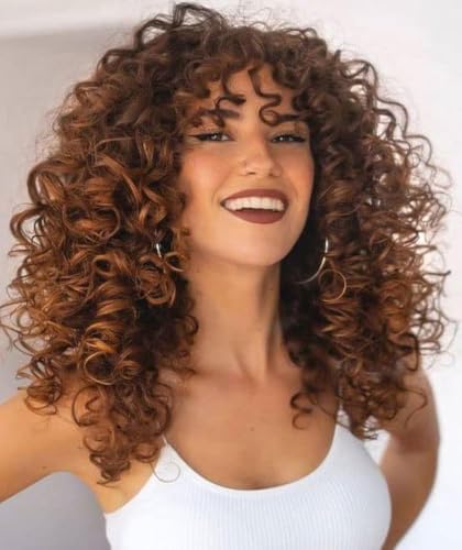 CoCrowns Curly Wig with Bangs for Black Women Long curly Shag Synthetic Hair Wigs Daily Use Cosplay 17 Inch (Ombre Braun) von CoCrowns