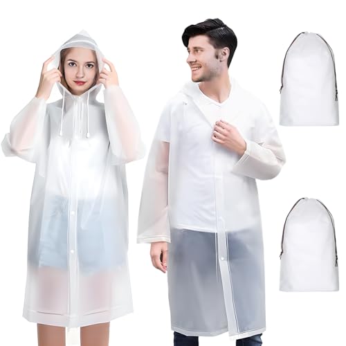 CoKeeSun 2 Stück Regenponcho, Eva Regencape Herren Damen Transparent, Lose Regenmantel Festival, Wasserdicht Regenjacke mit Kordelzug Kapuze, Wiederverwendbar Poncho Regen für Wandern Camping von CoKeeSun