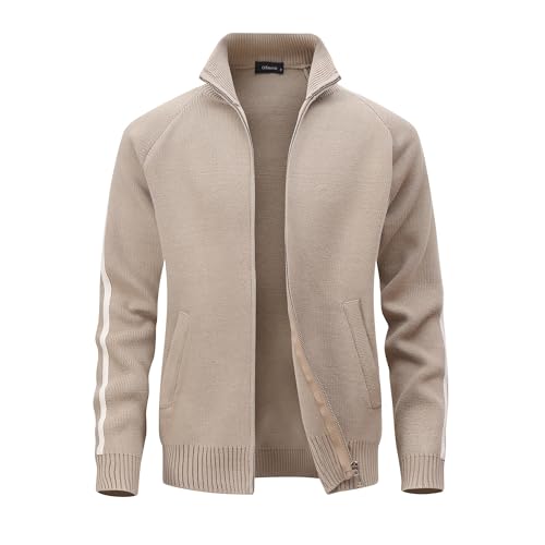 CoXuantion Herren Gestrickt Strickjacke Langarm Voller Reißverschluss Cardigan Stehkragen Warme Pullover Winter Sweatjacke mit Taschen XL,Khaki von CoXuantion