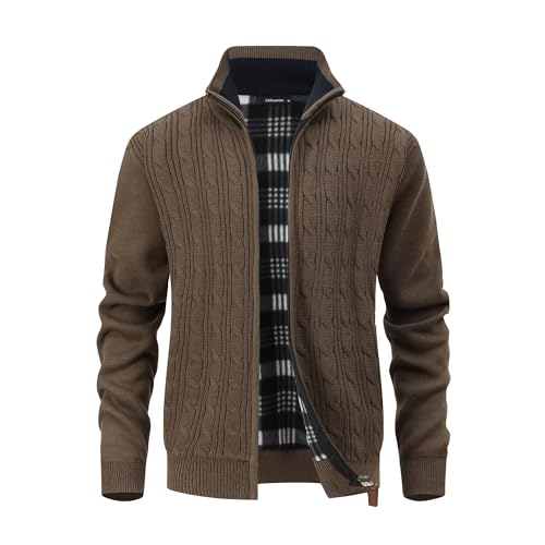 CoXuantion Herren Rippenstrick Strickjacke Stehkragen Fleecejacke Winter Warm Strickjacke Langarm Strickpullover Cardigan Full Zip Grobstrickjacke mit Taschen XXL,Kaffee von CoXuantion