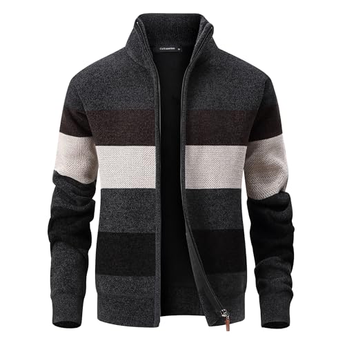 CoXuantion Herren Strickjacke Feinstrick Cardigan Stehkragen Gestrickt Winterjacke Wintermantel Freizeitjacke Langarm Sweatjacke mit Reißverschluss L,Grau von CoXuantion