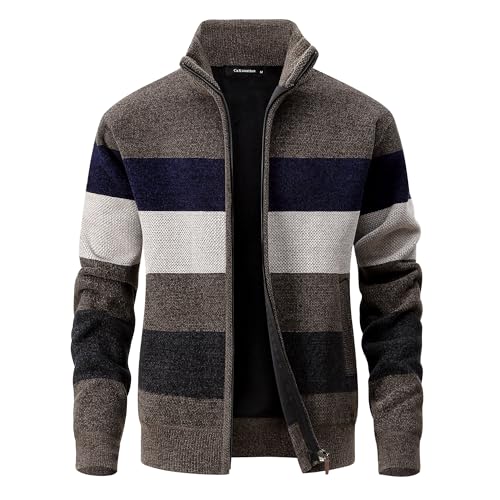 CoXuantion Herren Strickjacke Feinstrick Cardigan Stehkragen Gestrickt Winterjacke Wintermantel Freizeitjacke Langarm Sweatjacke mit Reißverschluss XXL,Khaki von CoXuantion