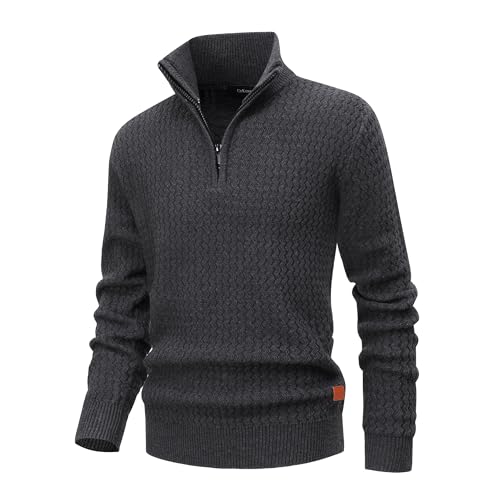 CoXuantion Herren Strickpullover Half Zip Warme Feinstrick Strukturiertpullover Winterpullover mit Stehkragen Langarm Sweatshirt Arbeitspullover M,Grau von CoXuantion