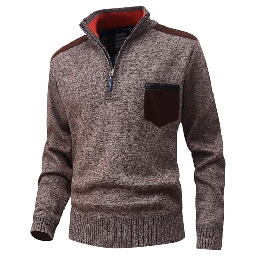 CoXuantion Pullover Herren Winter 1/4 Zip Strickpullover Slim fit Stehkragenpullover Langarm Arbeitspullover Warm Knitted Sweater Warm Fleecepullover Casual Sweatshirt L,Kaffee von CoXuantion