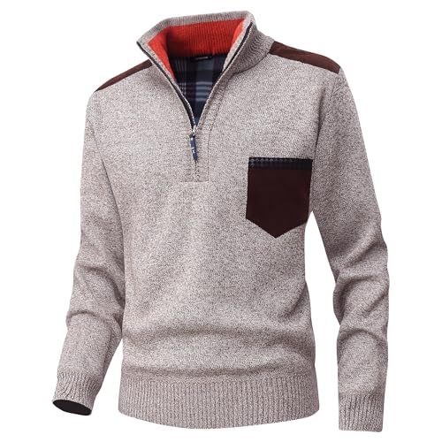 CoXuantion Pullover Herren Winter 1/4 Zip Strickpullover Slim fit Stehkragenpullover Langarm Arbeitspullover Warm Knitted Sweater Warm Fleecepullover Casual Sweatshirt M,Beige von CoXuantion