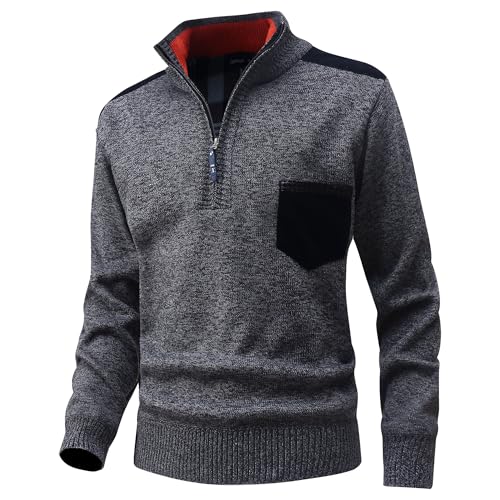 CoXuantion Pullover Herren Winter 1/4 Zip Strickpullover Slim fit Stehkragenpullover Langarm Arbeitspullover Warm Knitted Sweater Warm Fleecepullover Casual Sweatshirt M,Grau von CoXuantion