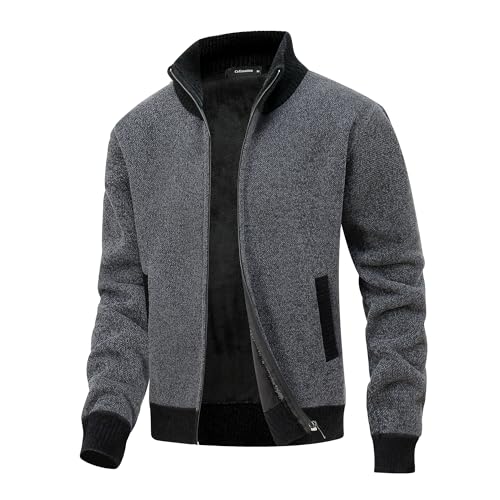 CoXuantion Strickjacken für Herren Pullover mit Reißverschluss Langarm Stehkragen Fleecejacke Gestrickt Cardigan Winter Übergangsjacke Warm Feinstrickjacke L,Grau von CoXuantion