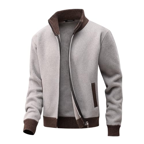 CoXuantion Strickjacken für Herren Pullover mit Reißverschluss Langarm Stehkragen Fleecejacke Gestrickt Cardigan Winter Übergangsjacke Warm Feinstrickjacke L,Khaki von CoXuantion