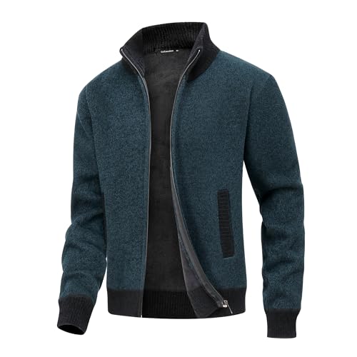 CoXuantion Strickjacken für Herren Pullover mit Reißverschluss Langarm Stehkragen Fleecejacke Gestrickt Cardigan Winter Übergangsjacke Warm Feinstrickjacke M,Blau von CoXuantion