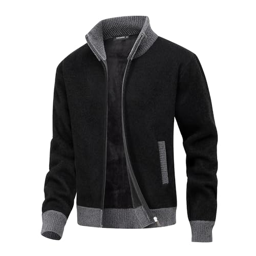 CoXuantion Strickjacken für Herren Pullover mit Reißverschluss Langarm Stehkragen Fleecejacke Gestrickt Cardigan Winter Übergangsjacke Warm Feinstrickjacke XL,Schwarz von CoXuantion